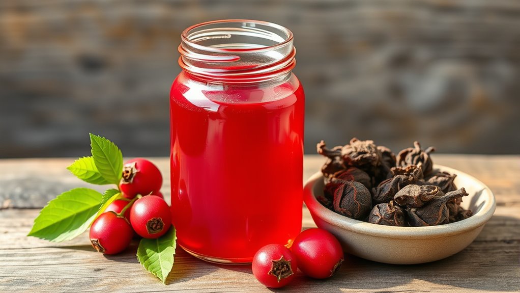 fresh and dried rosehip syrup