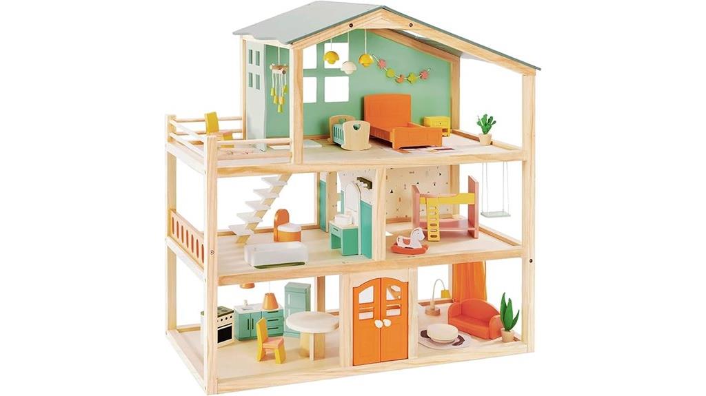 large wooden dollhouse with furniture