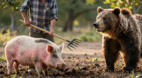 Pigs fight off hungry bear